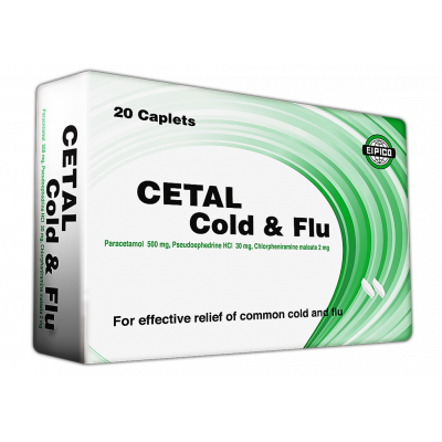 CETAL COLD & FLU ( PARACETAMOL 500 MG + PSEUDOEPHEDRINE 30 MG + CHLORPHENIRAMINE MALEATE 2 MG ) 20 CAPLETS